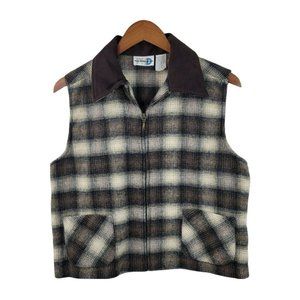 Vintage Vest Plaid Wool Jacket size Medium Brown crop Zip up brown